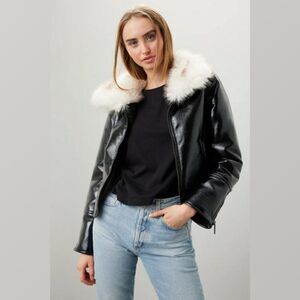 UNREAL FUR Vegan Leather Aviator Bomber Jacket Faux Fur Collar Full Zip Coat XL